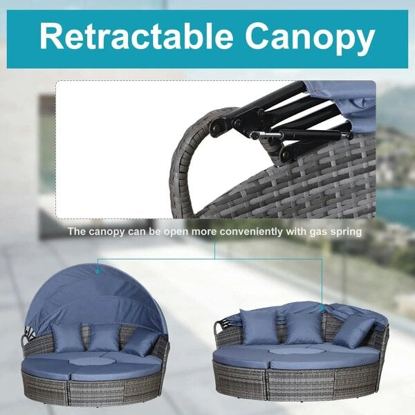 Bobobiy Outdoor PE Rattan Garden Furniture with Cushioned, Patio Wicker Conversation Furniture Set, Coffee Table and Three Pillows, Grey/Blue Grey