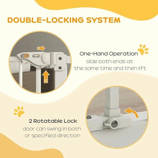 White safety gate with one-hand locking system and slide-to-open mechanism