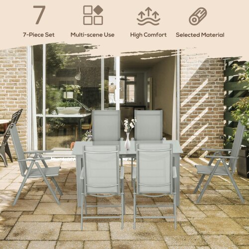 Wyld Haus Pasano 6 Seater Light Grey Garden Dining Set Outdoor Tempered Glass Top Table and Folding Mesh Chairs