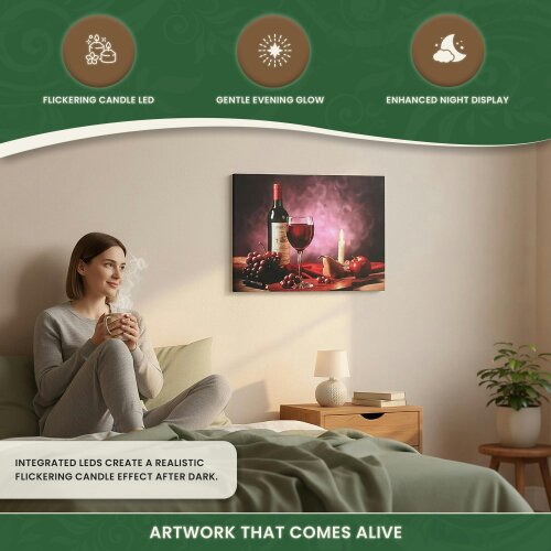 Red Wine, Grapes & Candle Christmas Canvas Print with LED Flickering Lights, 40 x 30cm, Wooden Frame, Battery Powered