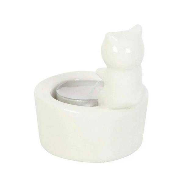 White cat tealight holder with open round top candle cup and raised cat figure