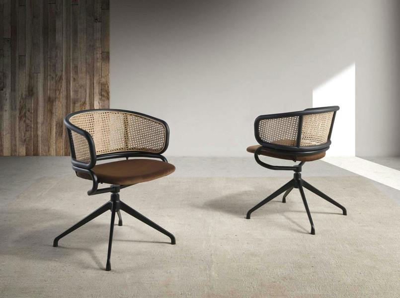Angel Cerdá Rattan and Brown Velvet Swivel Chair 4129