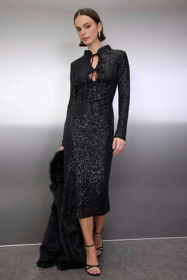 WOVCOR Sequin Midi Lined Evening Dress with Tie Detail
