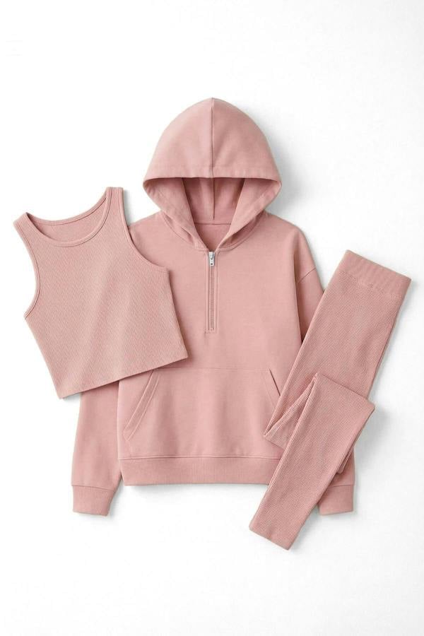 WOVCOR 3-Piece Hooded Knitted Leggings Top and Bottom Set