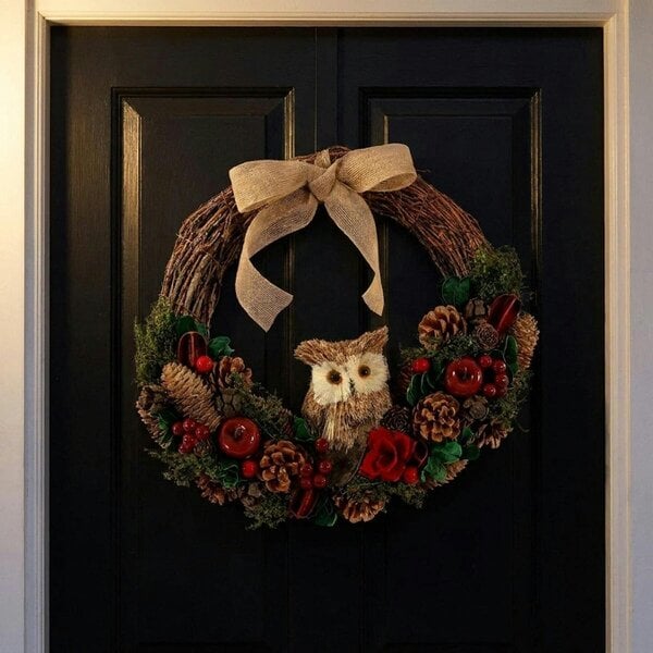 Garden Greatness Festive Owl Half Wreath with Cones and Red Apples