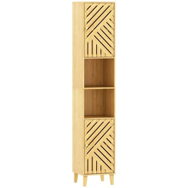 Tall natural bamboo bathroom cabinet with two doors and open shelving sections
