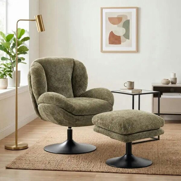 Modern Chenille Lazy Chair with Ottoman, 360° Swivel, Upholstered Reading Seat Set for Living Room, Dark Green - Dark Green