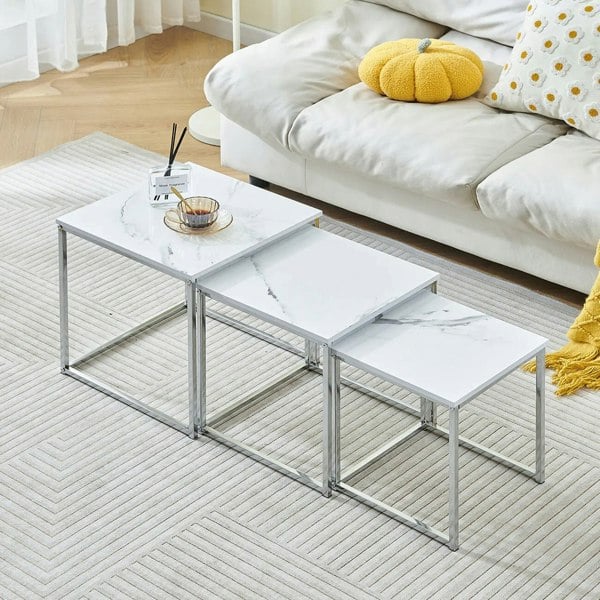 Rafaelo Mobilia Set Of 3 Faux Marble Nesting Tables White