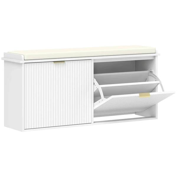 White shoe bench with hinged top seat, open storage shelves and divider