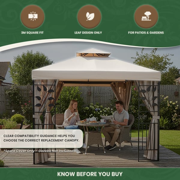 Spare Roof Cover for Leaf Design 3m Square Garden Gazebo, Beige 180g Fade Resistant Polyester Canopy with Wind Vent