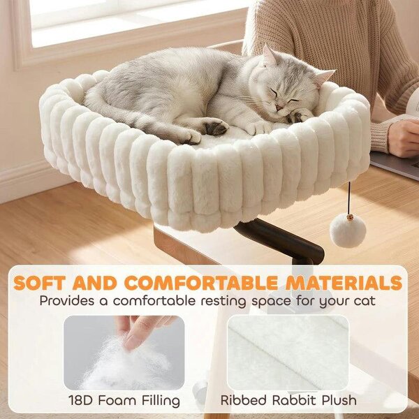 Cat Desk Bed, Rotatable Raised Cat House for Desk, Window, Soft Kitten Hammock with Hanging Ball, White
