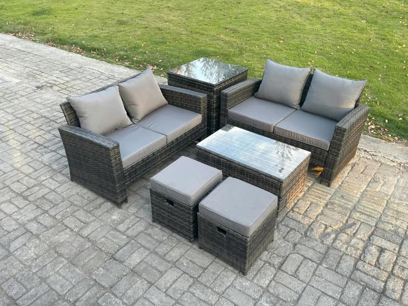Fimous 6 Seater Wicker Rattan Garden Sofa Set, Coffee Table, Double Seat Sofa, 2 Small Footstools and Side Table, Outdoor Rattan Set, Dark Grey Mixed
