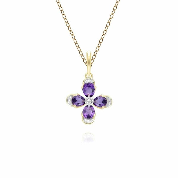 Gemondo Floral Amethyst & Diamond Pendant Necklace in 9ct Yellow Gold