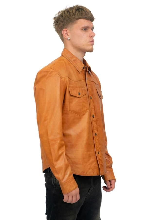 Infinity Leather Mens Retro Leather Shirt Jeans Jacket-Beijing