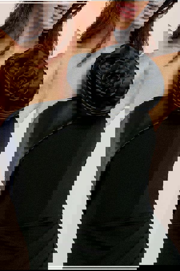 Satin Corsage Scuba Crepe Maxi Dress - Black DR4215