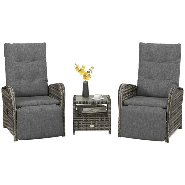 Patio rattan chaise lounge set with grey fabric cushions and dark wicker frames