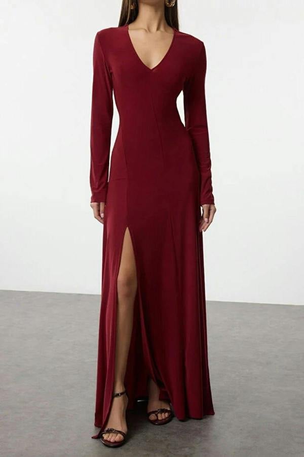 WOVCOR V-Neck Skater Stretchy Maxi Knit Dress