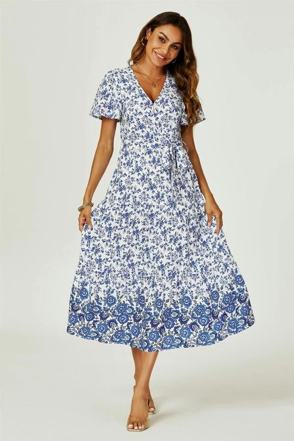FS Collection Floral Border Print Hem Tiered Midi Dress In White