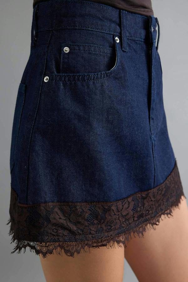 Lace Detail High Waist Mini Denim Skirt