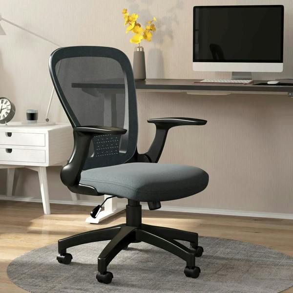 Grey office chair with mesh back, padded seat, and flip-up armrests on wheels