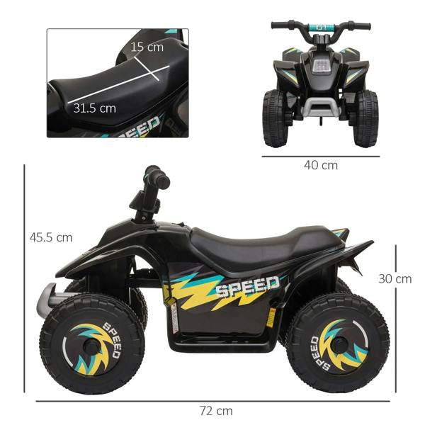 Black ride-on car with speed graphic, front grille, and measures shown on photo
