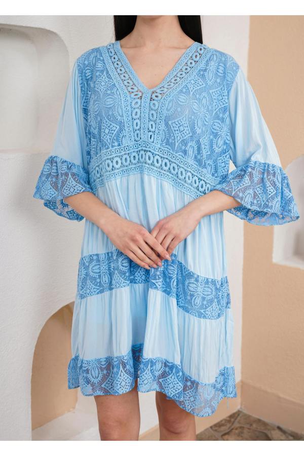 Hoxton Gal Relaxed Fit 3/4 Sleeves Lace Detailed V Neck Mini Dress in Baby Blue