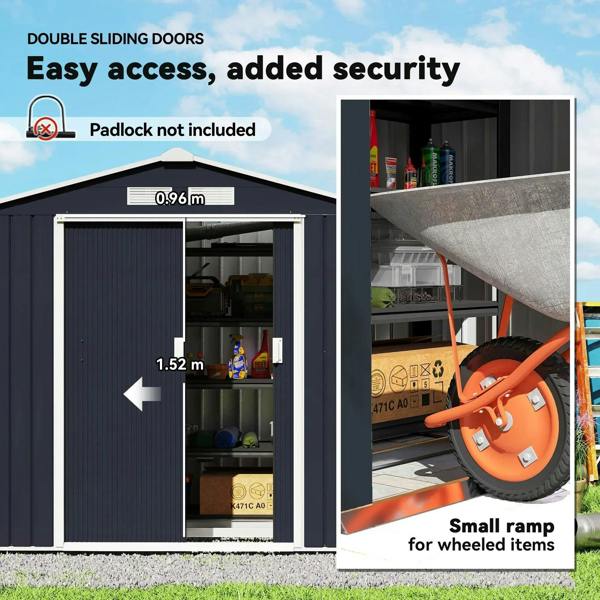 Dark grey shed with double sliding doors and interior view of shelves; lock-ready hardware.