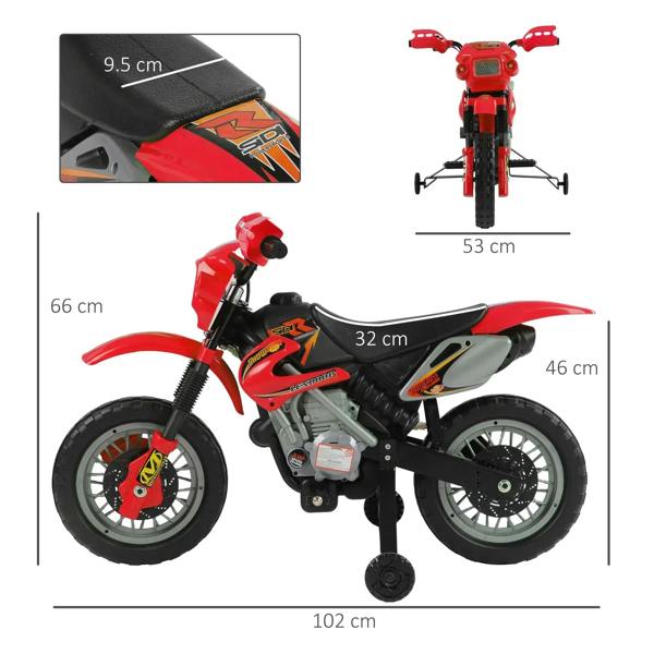 Red kids electric motorbike side view with training wheels and black seat