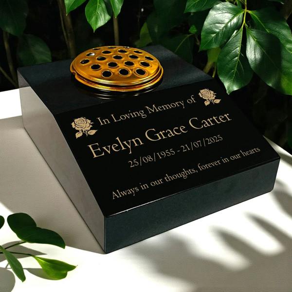 Memorials Direct Black Granite Sloping Memorial Desk with Vase – Rose Design, Free Gold Engraving