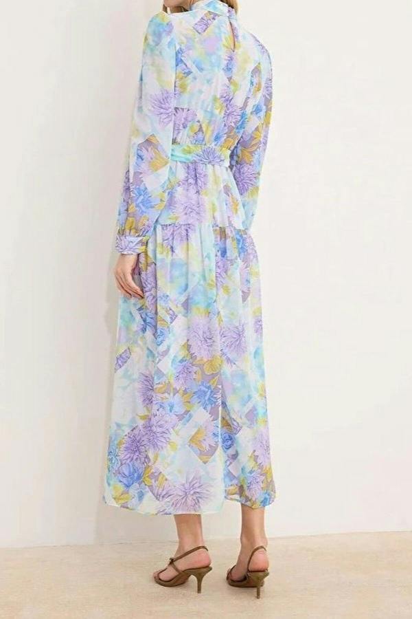 WOVCOR Belted Lined Floral Woven Chiffon Dress