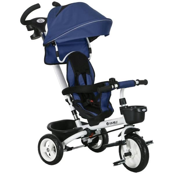 Dark blue baby tricycle stroller with parent handle and canopy