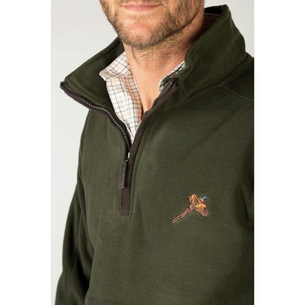 Close-up of the Rydale Men's Gransmoor Half Zip Fleece showing the high collar, half zip fastening and embroidered pheasant logo.