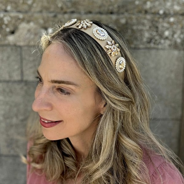 Beige Pearl Headband, Jewelled Statement Headband, Beige Bridal Hair Accessory With Pearls And Crystals, Elegant Wedding Hairband, Vintage Inspired Beige Pearl Headpiece