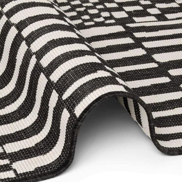 Close-up of a black and white striped rug on a light gray background