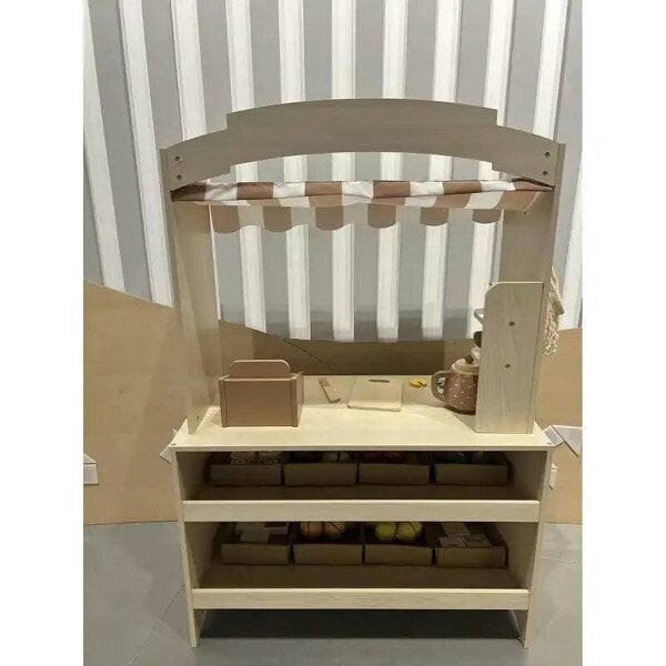 Bobobiy Pretend Play Shop, Wooden Kids Grocery Store Playset with Play Food, Cash Register, Chalkboard, 61 Accessories for 3-8 - Natural wood finish