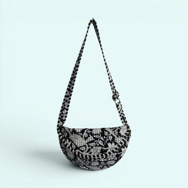 Hayley & Co Cross Body Sling Bag - Black and White Block Print Floral Cotton