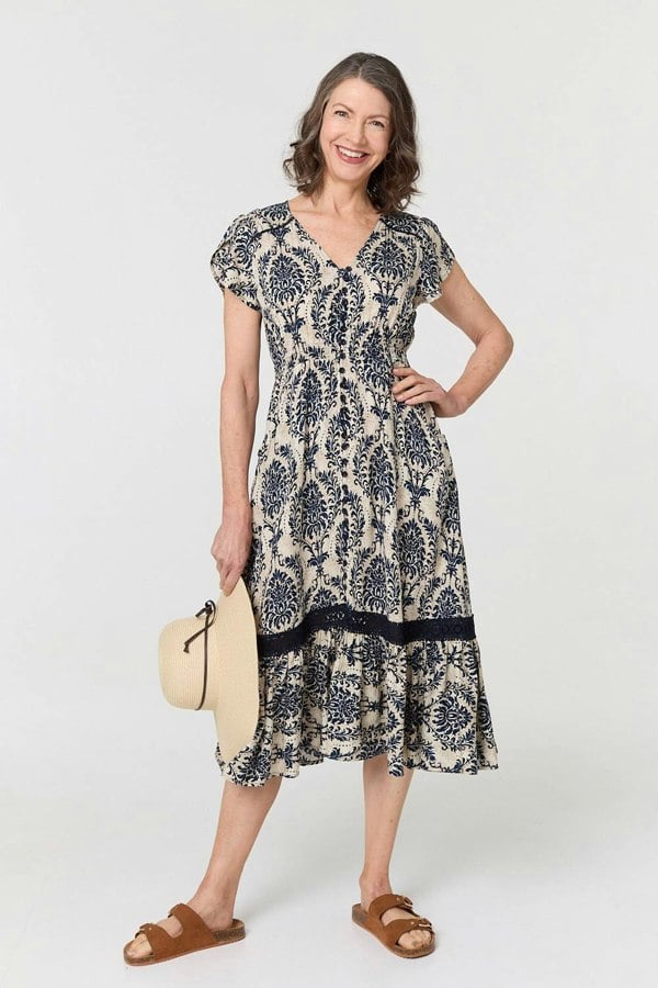 Navy | Ikat Print Shirred Lace Midi Dress
