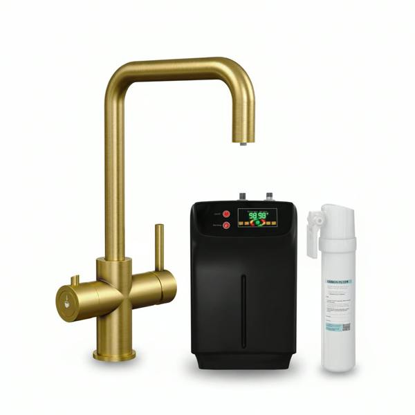 Brushed gold boiling water tap with boiler and carbon filter on a white background