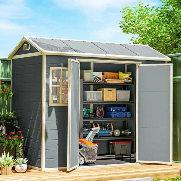 8 x 4 ft Plastic Garden Shed, Wood-Effect Outdoor Storage Shed with Floor, Windows, Lockable Doors and Vents, Light Grey - Light Grey