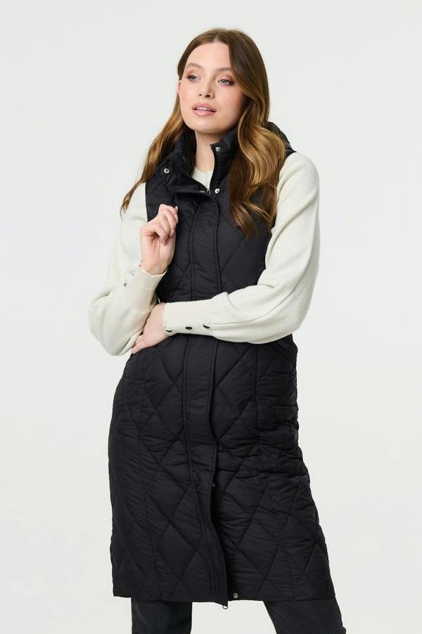 Black | Hooded Sleeveless Longline Puffer Gilet
