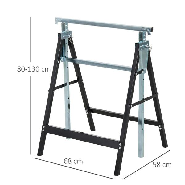 Adjustable steel trestle sawhorse set with black legs, light gray frame, and size scale
