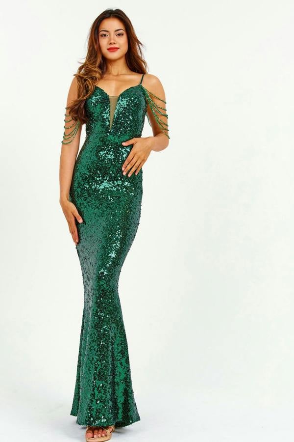 LuvForever Emerald Green V-Neck Jewelled Shoulder Sequin Maxi Dress