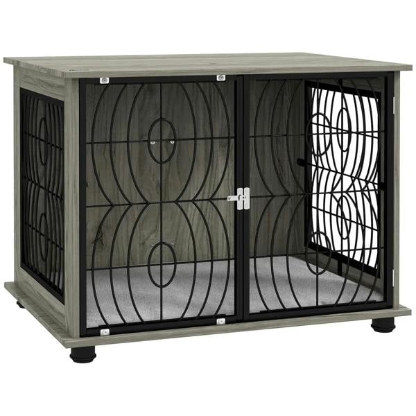 Grey dog crate end table with black wire door and lockable latch, plush cushion