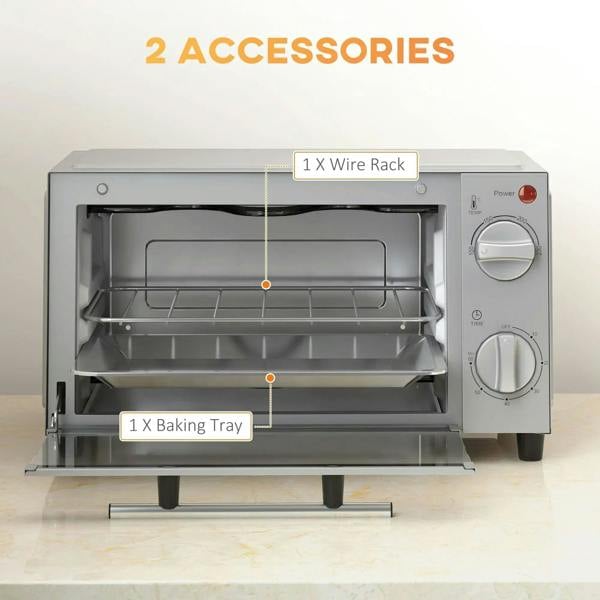 Silver mini oven interior with wire rack and baking tray accessories installed.