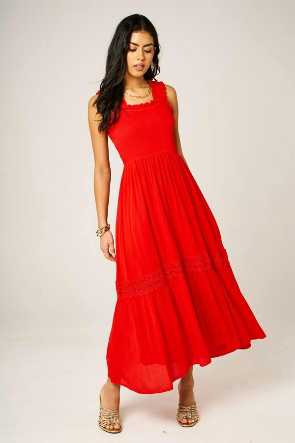 FS Collection Lace Detail Tiered Maxi Dress In Red