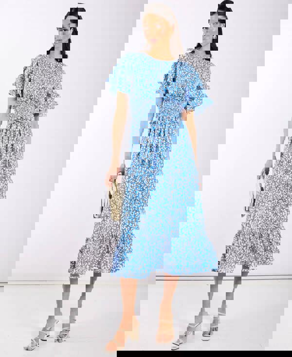 Blue Animal Smock Waisted Midi Dress