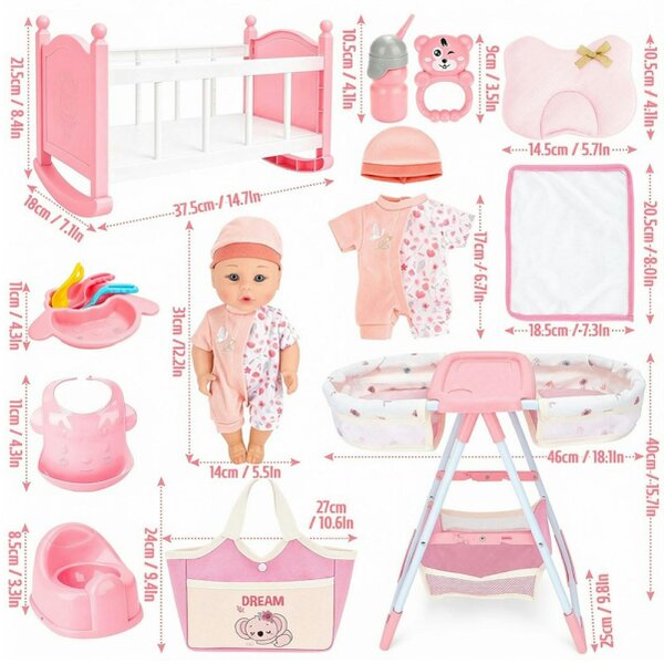 deAO Toys deAO Baby Doll Crib & High Chair Nursery Playset with 12" Soft Doll & 14 Accessories Pretend Feeding & Caring Role‑Play Set for Kids Ages 3+