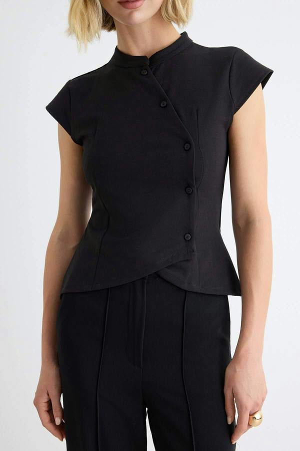 WOVCOR Fitted Mandarin Collar Bracelet Sleeve Button Detail Asymmetric Blouse