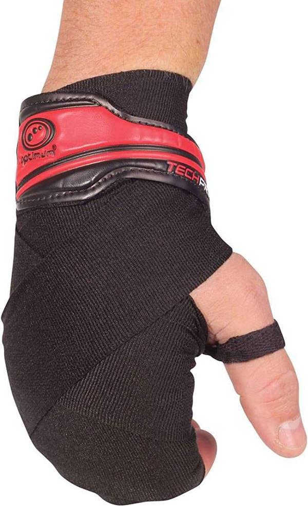 Hand wearing black Optimum Tech Pro boxing wrap with red gel knuckle pad and logo, back view - Optimum