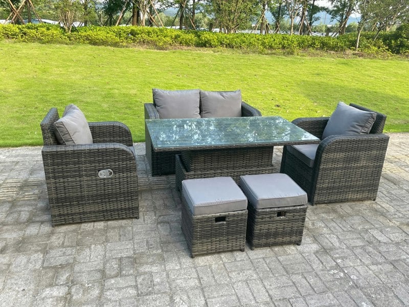 Fimous Dark Mixed Grey Rattan Outdoor Garden Furniture Lifting Adjustable Dining Or Coffee Table Sets Love Sofa Reclining Chairs Footstools 6 Seater